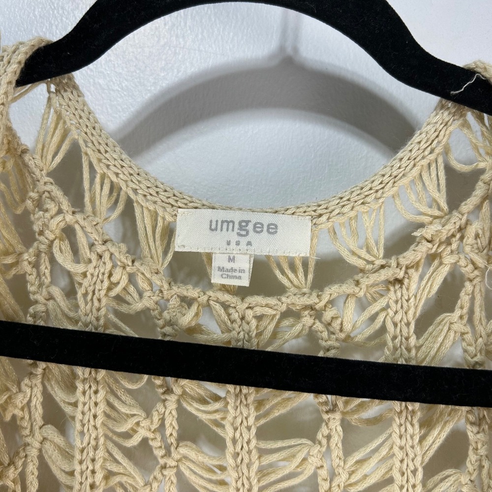 Umgee Boho Fringe Vest Green Cream Crochet Chevron Open Front Sleeveless Medium - Picture 4 of 8
